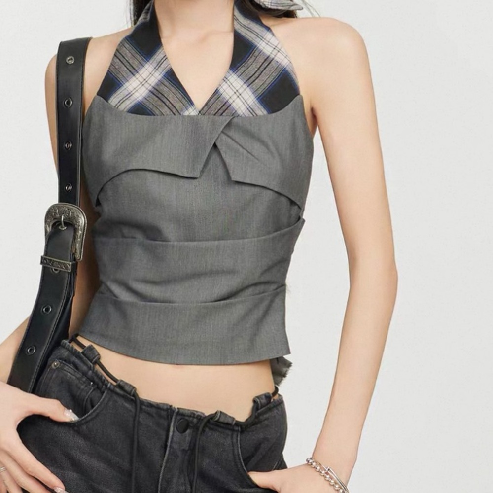 Gray Plaid Halter Top